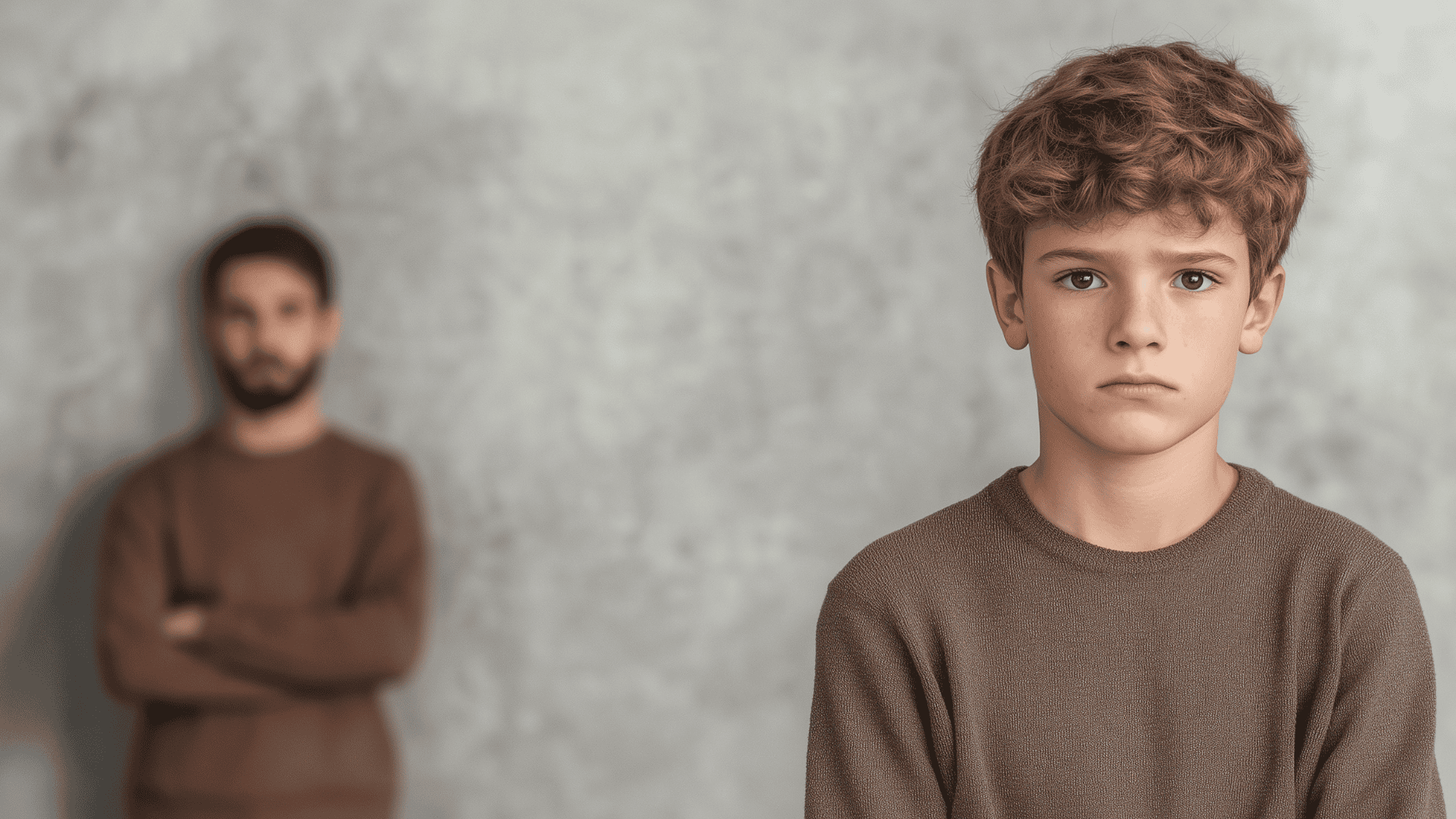 A young boy with curly brown hair and a serious expression stands in the foreground, wearing a brown sweater. In the blurred background, a bearded man with crossed arms, also wearing a brown sweater, appears to be watching him. The neutral gray background and muted colors create a somber atmosphere.